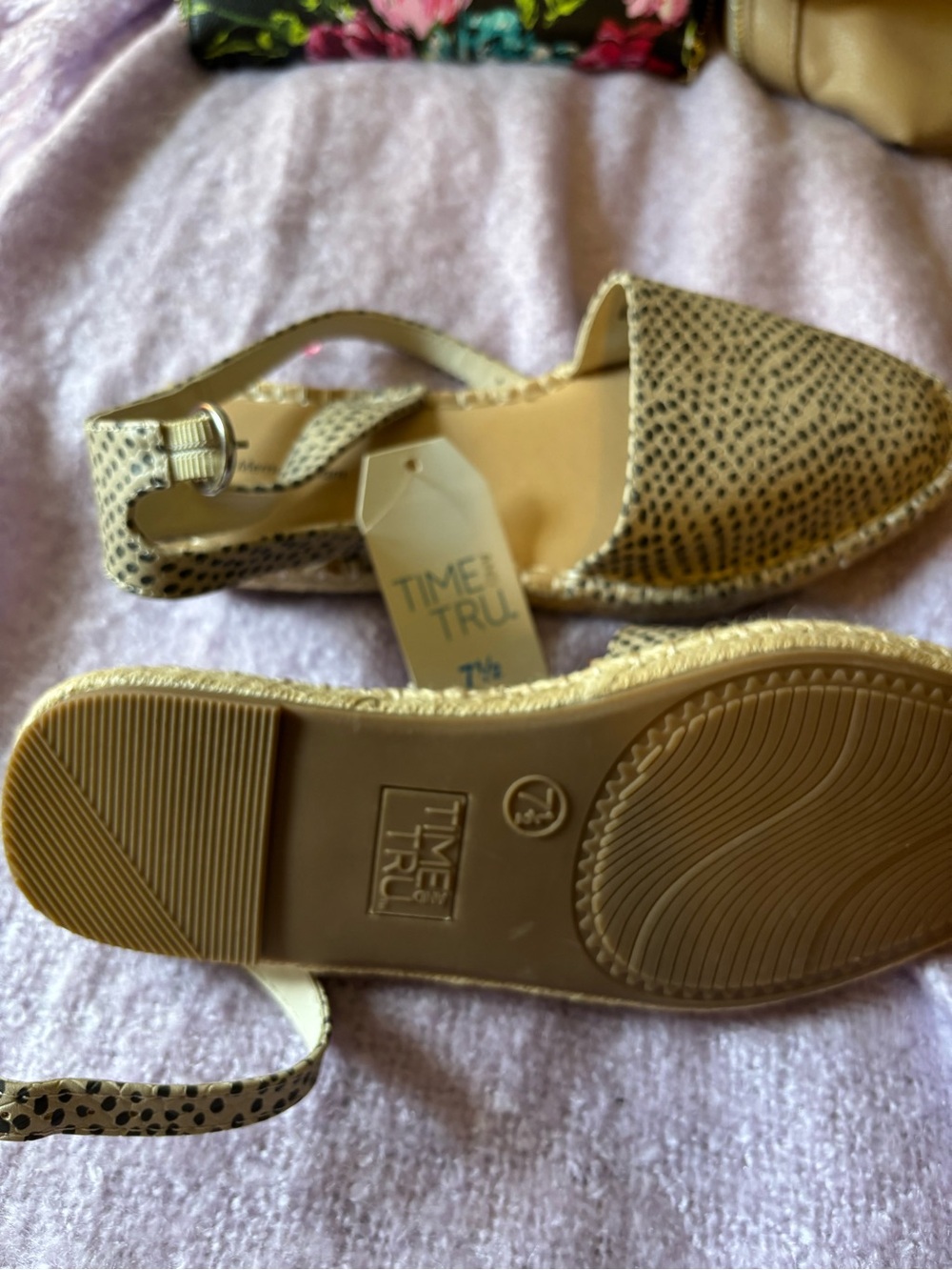 Time and Tru Beige Espadrille Slingback Sandals with Black Dot Print